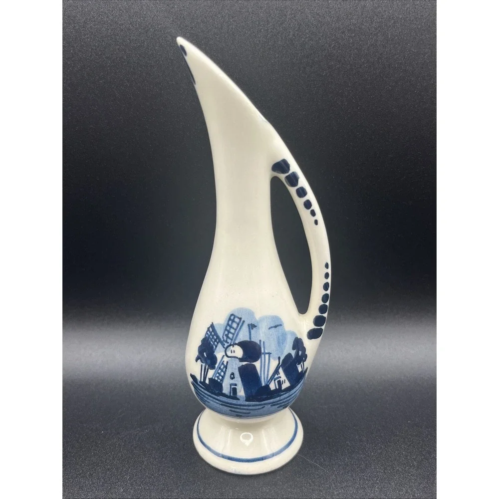 Hand Painted Delft Pitcher Vase Holland Vintage w/ Windmill Design Small‎ As Is